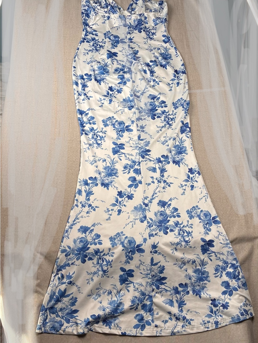 Parthea Blue White Summer Floral Bodycon Silky Slip Maxi Dress L Femme Mermaid